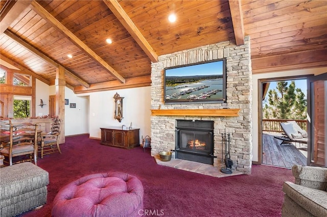 living room featuring carpet flooring, vaulted ceiling with beams, a stone fireplace, and wooden ceiling