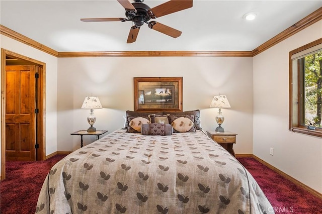 carpeted bedroom with ceiling fan and crown molding