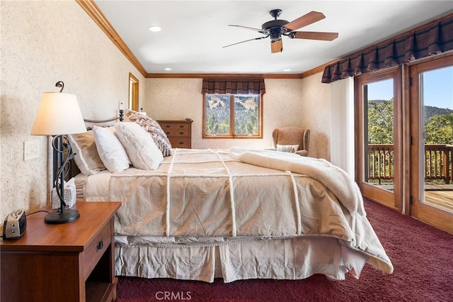 carpeted bedroom with access to outside, ceiling fan, and crown molding