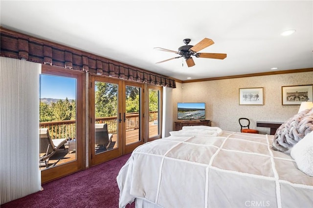 bedroom with access to exterior, french doors, ornamental molding, ceiling fan, and dark colored carpet