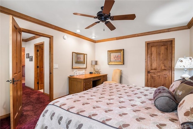 bedroom featuring ceiling fan, crown molding, and dark colored carpet