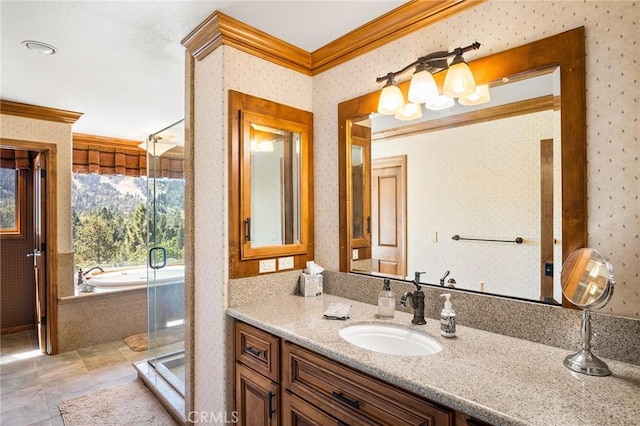 bathroom with tile patterned flooring, vanity, independent shower and bath, and ornamental molding