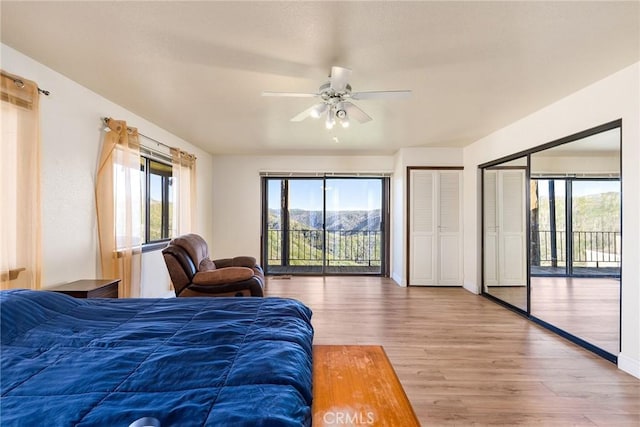 bedroom with hardwood / wood-style flooring, ceiling fan, access to exterior, and a closet