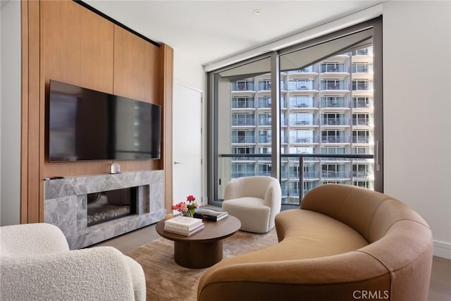 living area with expansive windows and a high end fireplace