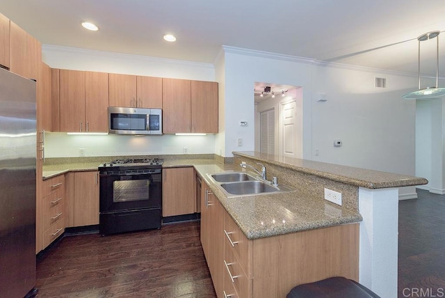 kitchen with hanging light fixtures, sink, dark hardwood / wood-style floors, appliances with stainless steel finishes, and kitchen peninsula