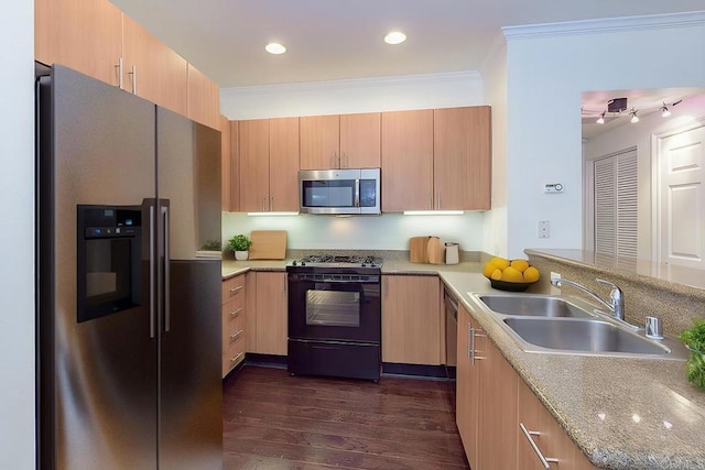 kitchen featuring sink, stainless steel appliances, dark hardwood / wood-style floors, crown molding, and light brown cabinetry