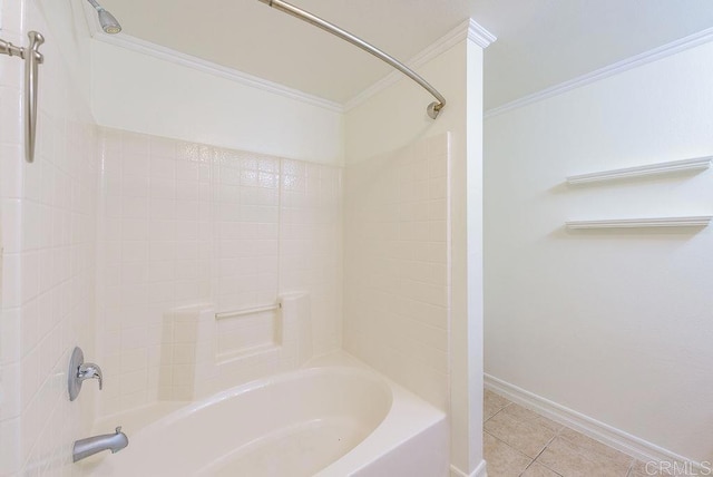 bathroom with tile patterned floors, bathing tub / shower combination, and ornamental molding