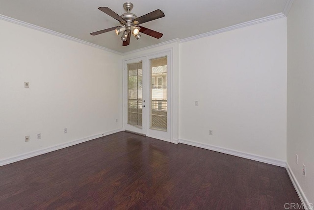 unfurnished room featuring ceiling fan, french doors, dark wood-type flooring, and ornamental molding