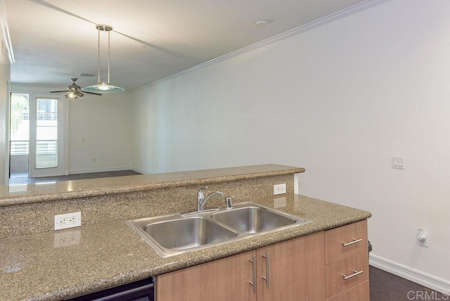 kitchen with dark hardwood / wood-style flooring, ornamental molding, dishwashing machine, ceiling fan, and sink