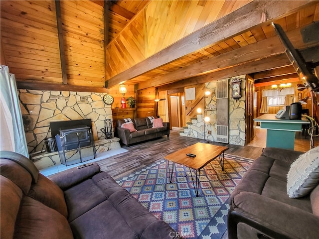 living room featuring beamed ceiling, wood-type flooring, wood walls, and wood ceiling