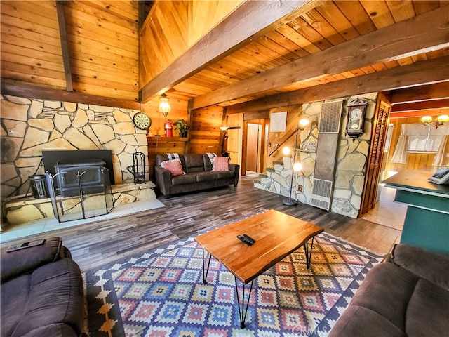 living room featuring a wood stove, wood walls, hardwood / wood-style flooring, beam ceiling, and wood ceiling