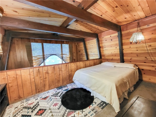 bedroom featuring wooden ceiling, vaulted ceiling with beams, and wooden walls