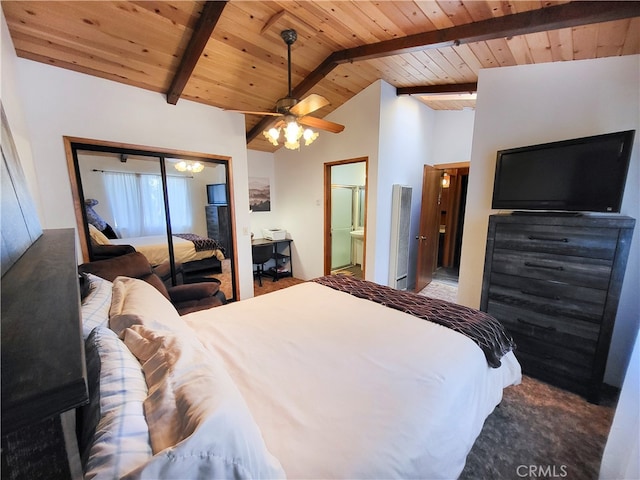 bedroom with lofted ceiling with beams, wooden ceiling, ceiling fan, and carpet