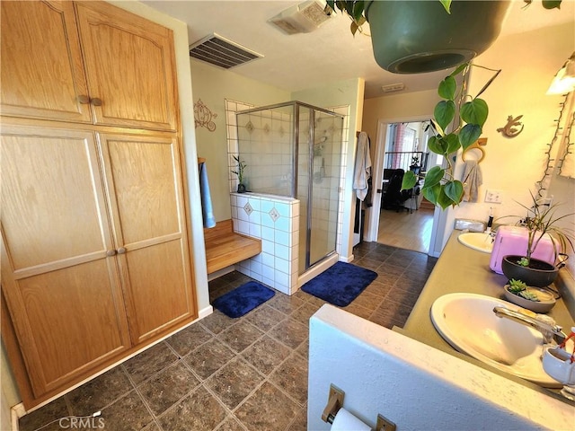 bathroom featuring vanity and a shower with shower door