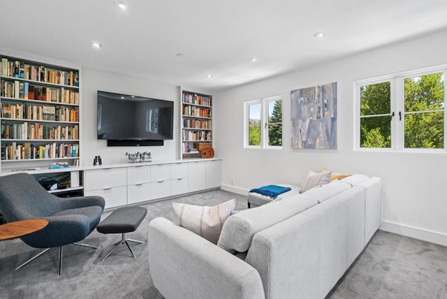 living room with built in features and light colored carpet