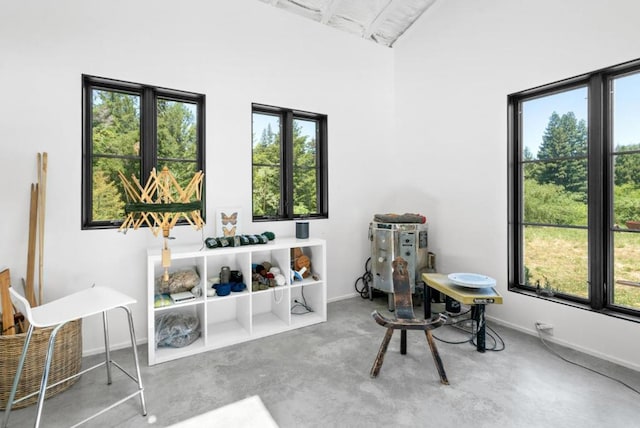 sitting room with concrete flooring and a high ceiling