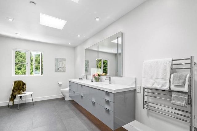 bathroom with vanity, a skylight, and toilet