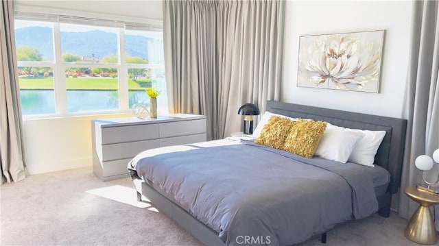 carpeted bedroom with a mountain view