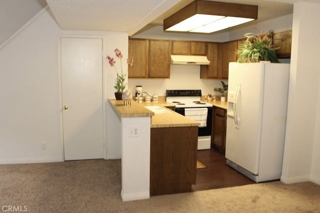 kitchen with dark carpet, sink, white appliances, and kitchen peninsula