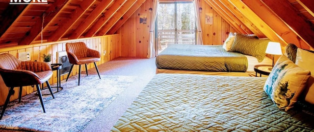 carpeted bedroom with wooden walls, access to exterior, and lofted ceiling