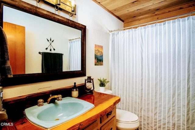 bathroom with wood ceiling, vanity, and toilet