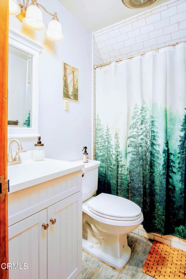 bathroom featuring vanity, toilet, and tile floors