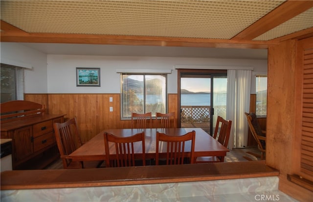 dining space with wood walls