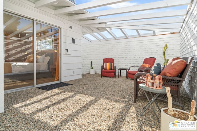 exterior space with vaulted ceiling with beams