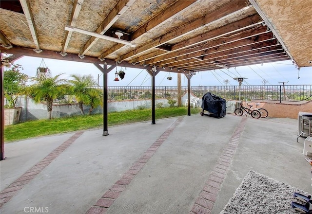 view of patio with a water view