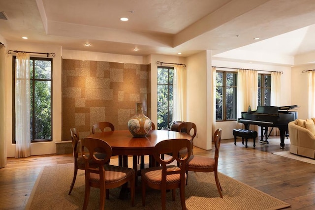 dining room featuring a raised ceiling and wood-type flooring