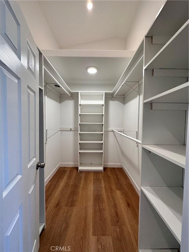 spacious closet with dark hardwood / wood-style flooring