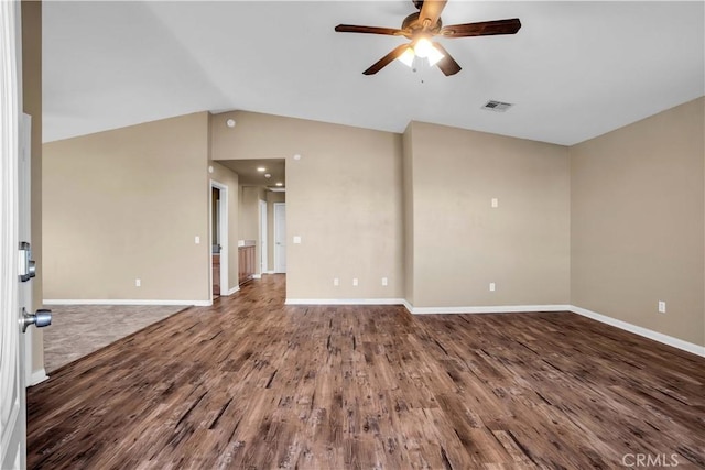 unfurnished living room with ceiling fan, lofted ceiling, and hardwood / wood-style flooring