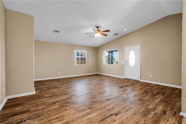 interior space featuring hardwood / wood-style flooring, vaulted ceiling, and ceiling fan