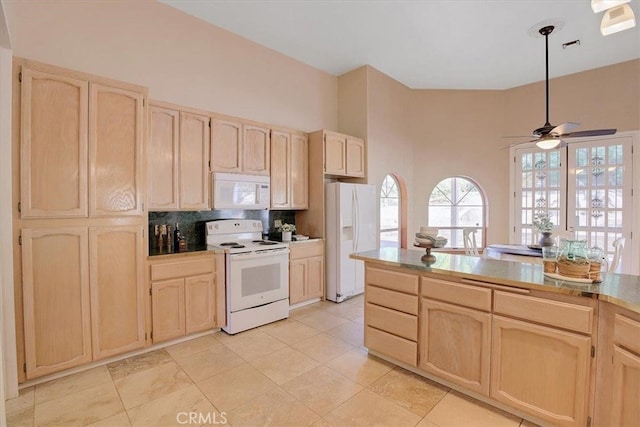 kitchen with white appliances, ceiling fan, light brown cabinetry, and backsplash