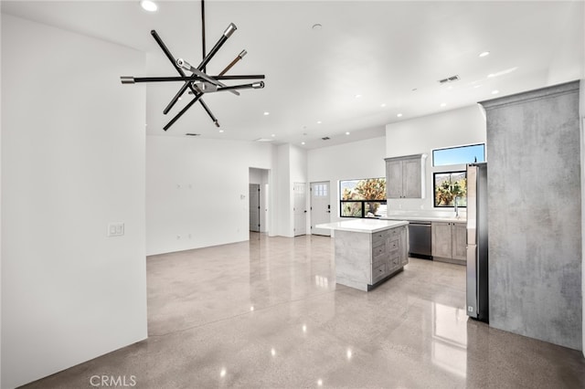 kitchen featuring sink, a kitchen island, gray cabinetry, and stainless steel appliances