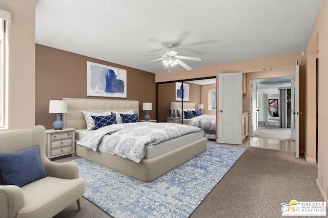 carpeted bedroom featuring ceiling fan