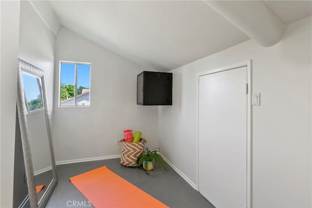 exercise area featuring lofted ceiling