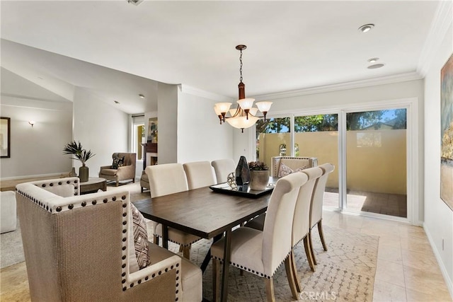 tiled dining space with ornamental molding and an inviting chandelier