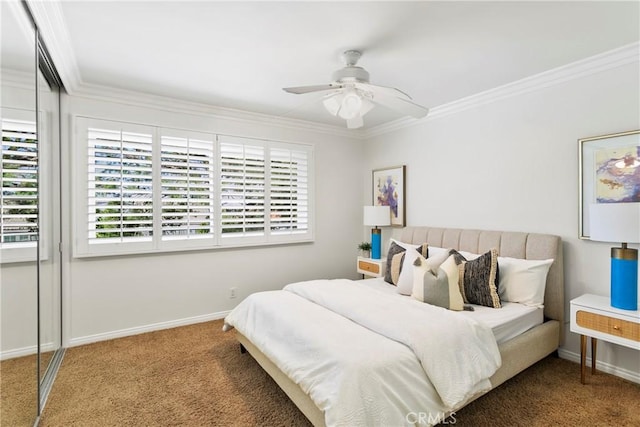 bedroom featuring carpet flooring, ceiling fan, and ornamental molding