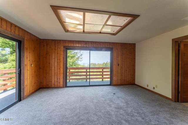 carpeted empty room with wood walls, baseboards, and plenty of natural light