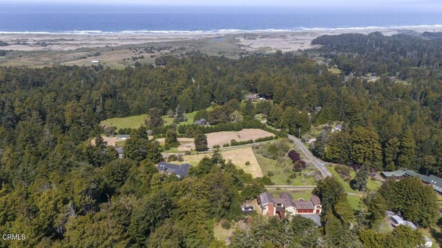 aerial view featuring a water view and a view of trees
