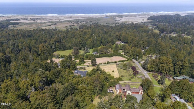 drone / aerial view featuring a wooded view and a water view