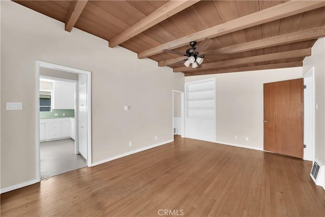 unfurnished room featuring vaulted ceiling with beams, hardwood / wood-style flooring, wooden ceiling, and ceiling fan