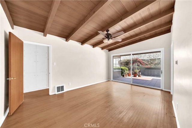 unfurnished room featuring hardwood / wood-style floors, lofted ceiling with beams, wooden ceiling, and ceiling fan