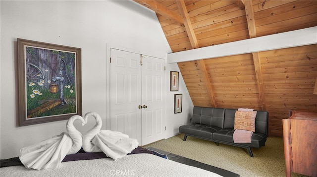 bedroom featuring carpet flooring, beamed ceiling, high vaulted ceiling, a closet, and wood ceiling