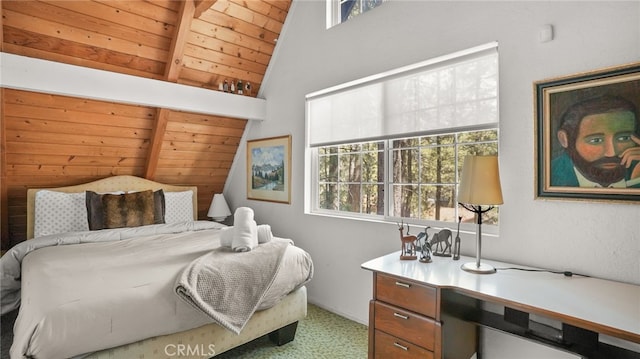 bedroom featuring vaulted ceiling with beams, wooden ceiling, and light carpet