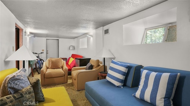 living room featuring a textured ceiling