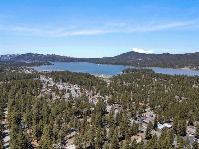 birds eye view of property with a water and mountain view