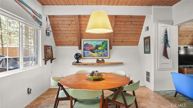 dining room with beam ceiling and wood ceiling