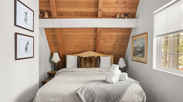 bedroom featuring lofted ceiling with beams and wood ceiling